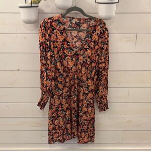 Black + Floral Long Sleeve V-Neck Dress with Orange and Pink Blooms